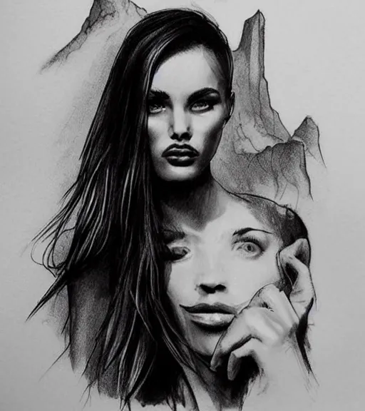 Image similar to a beautiful woman face against a background mighty mountains, tattoo design sketch, amazing blend effect, hyper - realistic, in the style of matteo pasqualin, amazing detail, black and white