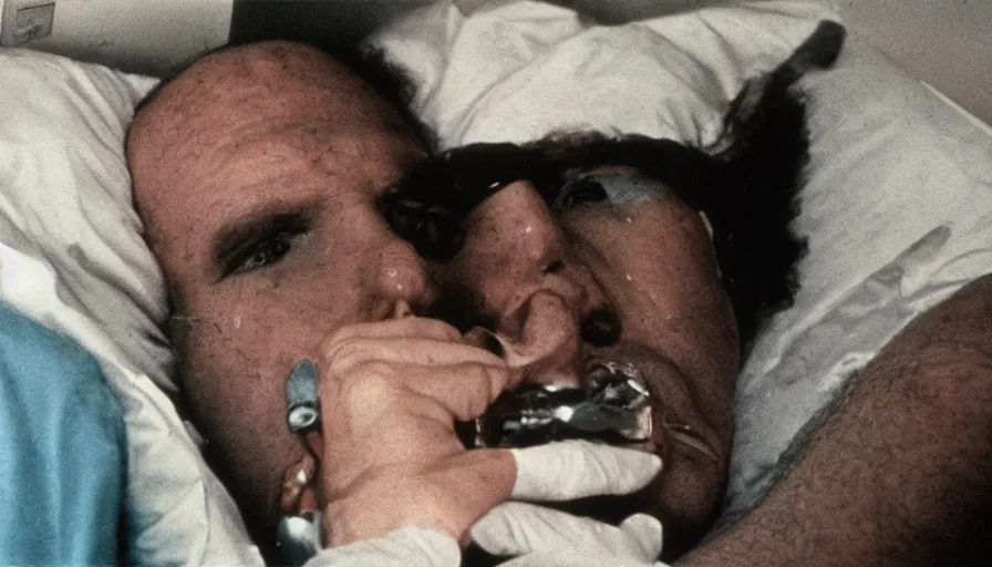 Image similar to 70s movie still of a man with trypophobia deep mouth in hospital, eastmancolor, heavy grain, high quality, higly detailed, liminal space