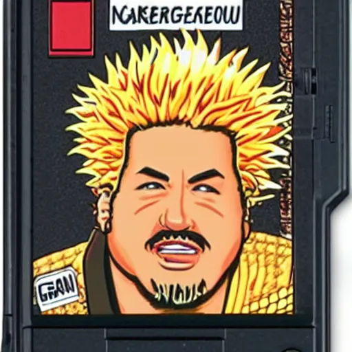 Image similar to guy fieri has ramen noodle hair for the nintendo genesis, game case, box art