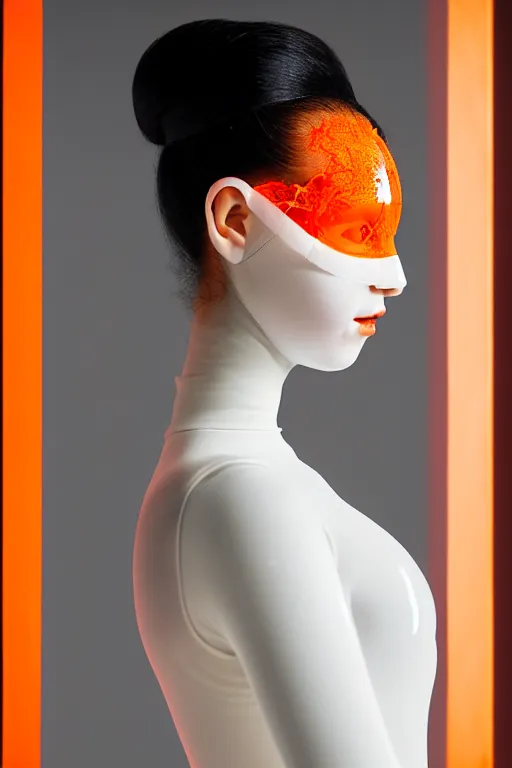 Image similar to symmetrical portrait of a woman wearing an orange embroidered translucent silicone mask and black frizzy hair buns, wearing a white bodysuit by alexander mcqueen, white background, soft diffused light, biotechnology, humanoide robot, futuristic aesthetic, translucent, ethereal, intricate details, highly detailed, masterpiece,