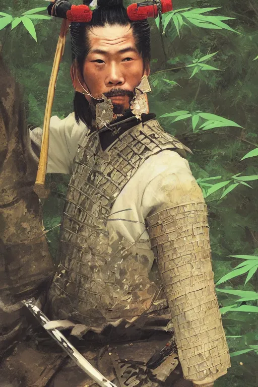 Image similar to close up of a wandering samurai in full armor sitting in a dark bamboo forest, by huang guangjian and gil elvgren, sachin teng, greg manchess