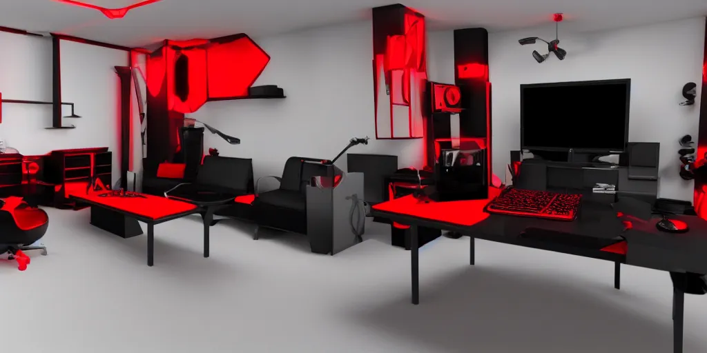 Image similar to black and red room gaming setup 3 d model, unreal engine, 8 k, lots of detail