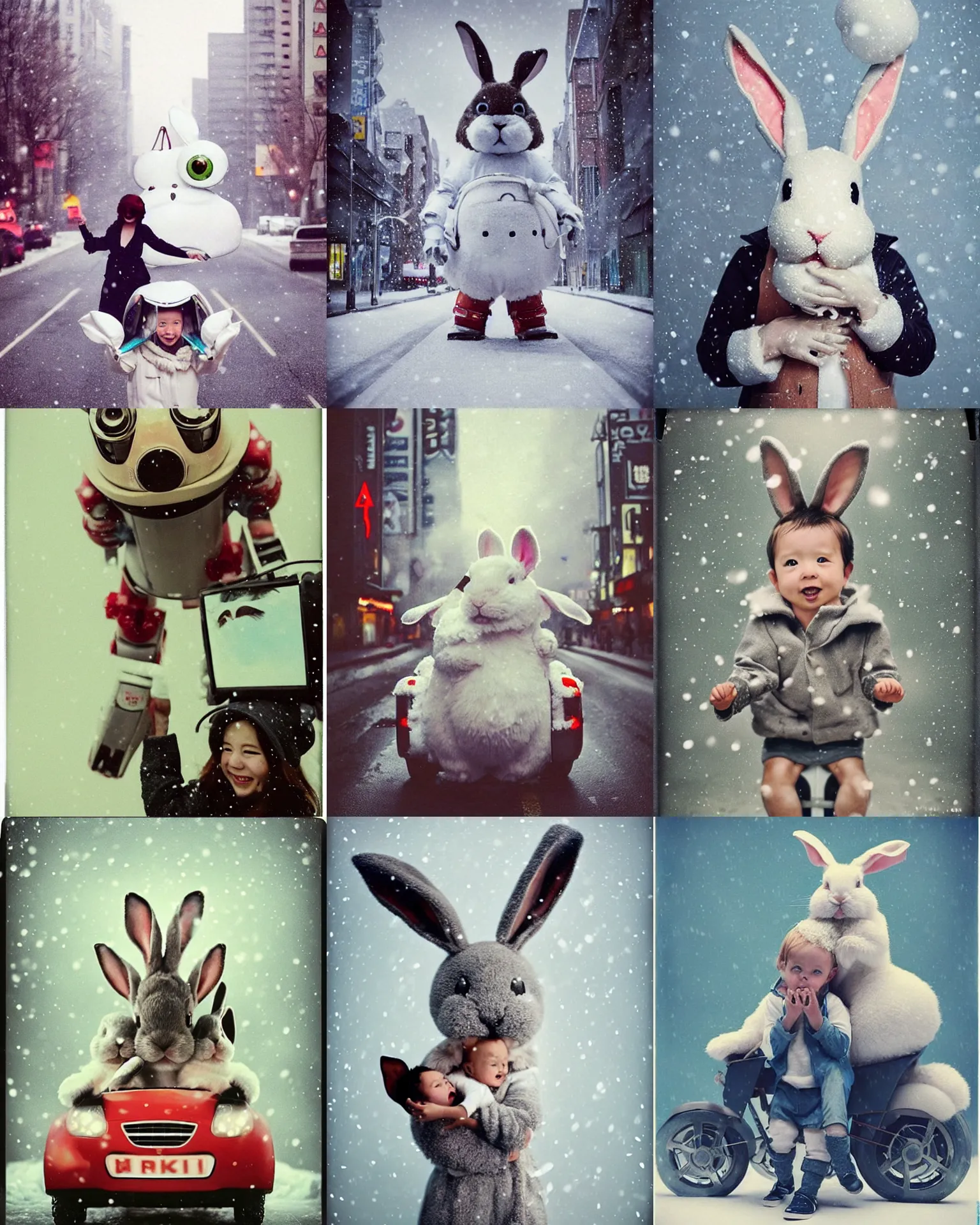 Prompt: snowing! epic pose!!! googly eyed giant oversized rocket battle rabbit robot chubby mech baby sport car double decker with giant oversized ears and rabbit babies , in tokio , full body , Cinematic focus, Polaroid photo, vintage , neutral dull colors, soft lights, foggy , by oleg oprisco , by national archives, by discovery channel, by victor enrich , by gregory crewdson