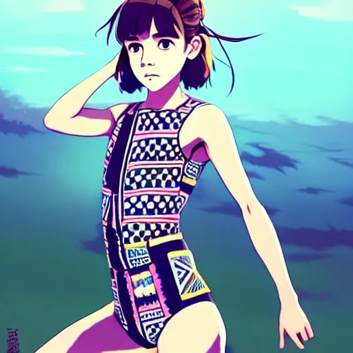 Prompt: a beautiful boyish emma watson alluring instagram model, wearing japanese hiphop aztec leotard outfit with mayan pattern and native style, aztec street fashion bathing suit, botw style, gapmoe yandere grimdark, trending on pixiv fanbox, painted by greg rutkowski makoto shinkai takashi takeuchi studio ghibli, akihiko yoshida