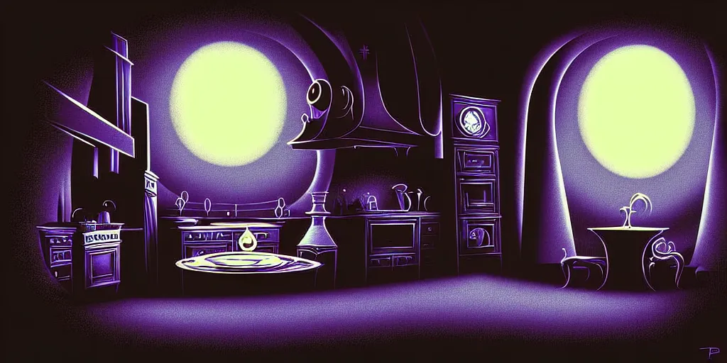 Prompt: curved perspective digital art of a dark kitchen from tim burtons nightmare before christmas by petros afshar