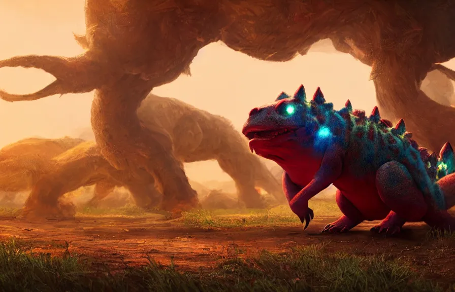 Image similar to A real life Venusaur with glowing red eyes, sunny african plains, eldritch horror, character art by Greg Rutkowski, 4k digital render