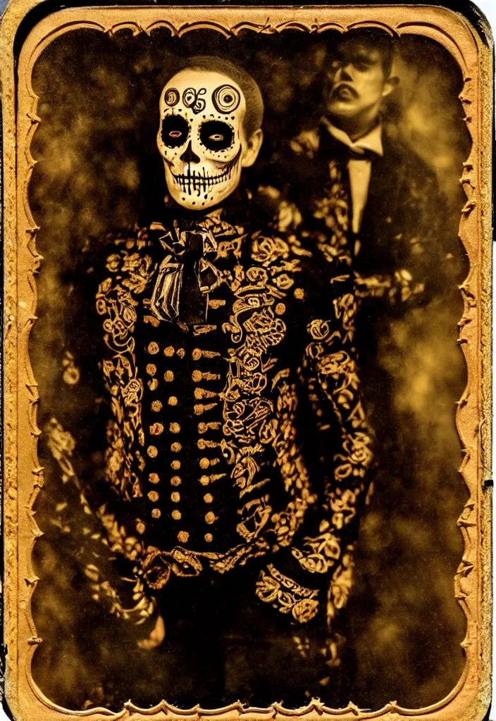 Prompt: tintype full body view, man in mariachi dia de muertos suit and make up, horrific beautiful vibe, evocative, atmospheric lighting, painted, intricate, highly detailed,