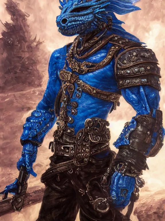 Image similar to portrait art of 8k ultra realistic blue Dragonborn pirate, detailed intricate leather armour, cybernetic, full of colour, cinematic lighting, battered, trending on artstation, 4k, hyperrealistic, focused, extreme details,unreal engine 5, cinematic, masterpiece, art by ayami kojima, giger