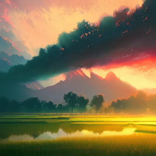 Image similar to beautiful scenery of a ricefield, by anato finnstark, by alena aenami, by john harris, by ross tran, by wlop, by andreas rocha