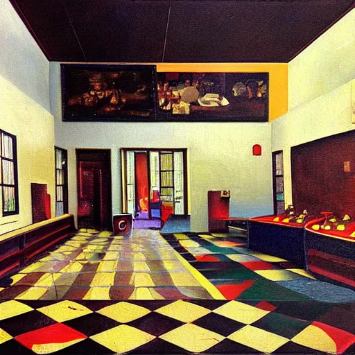 Image similar to realistic painting of chuck e. cheese building interior, in the style of johannes vermeer