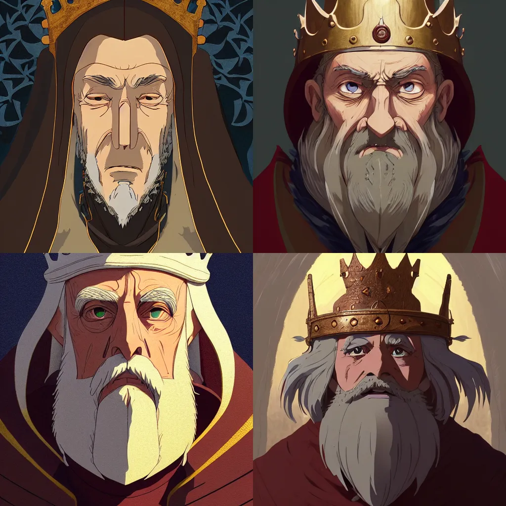 Image similar to portrait of a medieval old king, artstation, cartoon, elegant, highly detailed, digital painting, concept art, smooth, sharp focus, illustration, art by studio ghibli, makoto shinkai, don bluth, fujita goro, jean giraud, atey ghailan, akihiko yoshida, tom whalen, anton fadeev 8 k