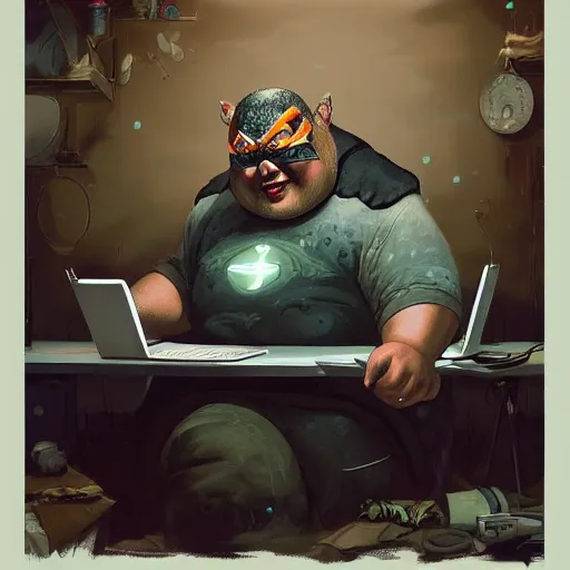 Image similar to a insanely detailed painting of a slightly overweight asian man wearing a homemade superhero costumed, sitting at a computer desk nervously typing on the keyboard, in the style of peter mohrbacher, dramatic lighting and composition, trending on artstation, concept art, comic book, graphic novel