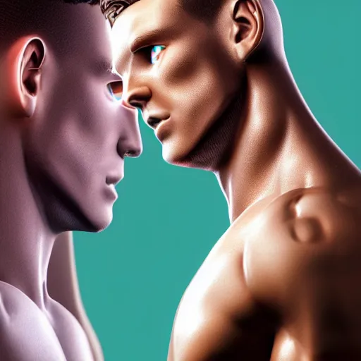 Image similar to a realistic detailed photo of a guy who is an attractive humanoid who is half robot and half humanoid, who is a male android, attractive and handsome soccer players, shiny skin, posing like a statue, blank stare, in a factory, on display, showing off his muscles, wearing soccer shorts, side view, looking at each other mindlessly