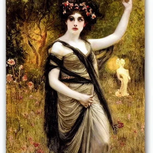 Image similar to portrait of persephone as goddess of death, by alfred stevens