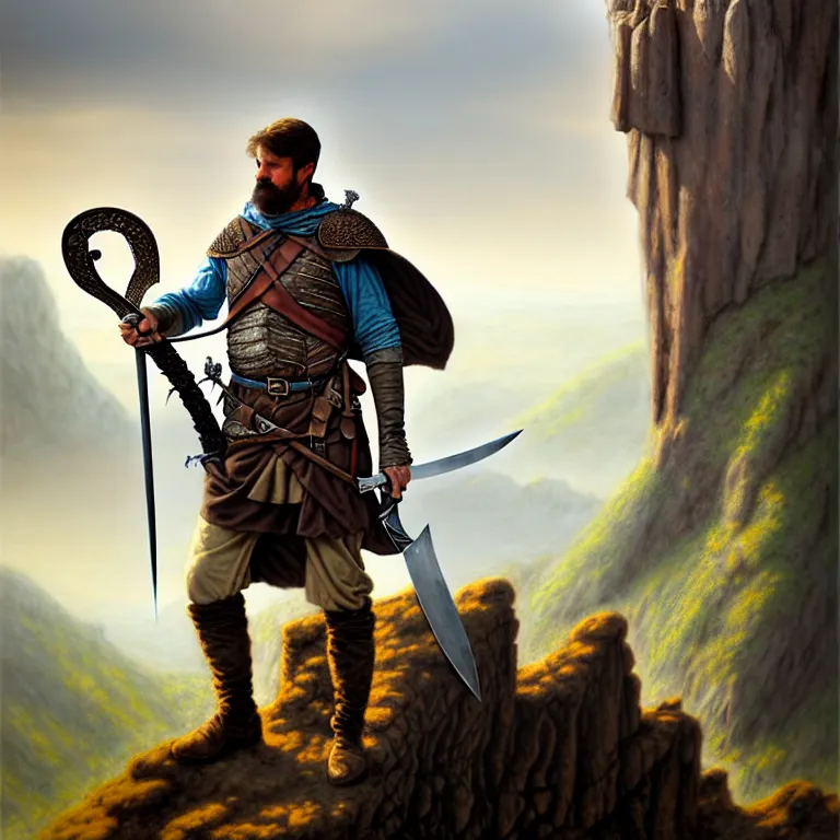 Prompt: middle age ranger with rugged expressions falcon pet on his shoulder holding a long sword, top a cliff observing old ruins of a castle, elegant clothing, photorealistic render, matte painting, highly detailed, artstation, smooth, sharp focus, art by michael whelan, artgerm, greg rutkowski