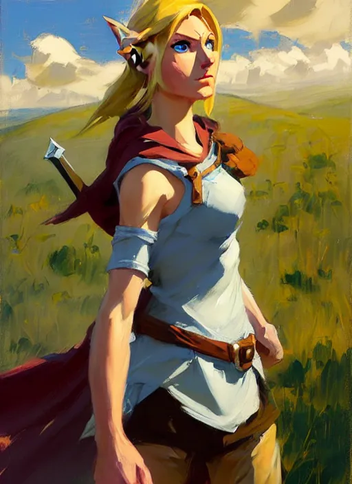 Image similar to Greg Manchess painting of a female Link from Legend of Zelda, countryside, calm, fantasy character portrait, dynamic pose, above view, sunny day, thunder clouds in the sky, artwork by Jeremy Lipkin and Giuseppe Dangelico Pino and Michael Garmash and Rob Rey, very coherent asymmetrical artwork, sharp edges, perfect face, simple form, 100mm