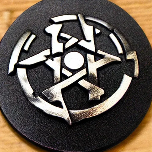 Prompt: metal round badge for clothes, atom and eternal life pattern, transhumanism, laser engraved on metal