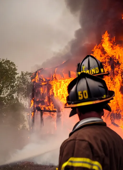 Prompt: a 3 5 mm photo from the back of a firefighter standing in front of a burning building, bokeh, canon 5 0 mm, cinematic lighting, film, photography, depth of field, award - winning