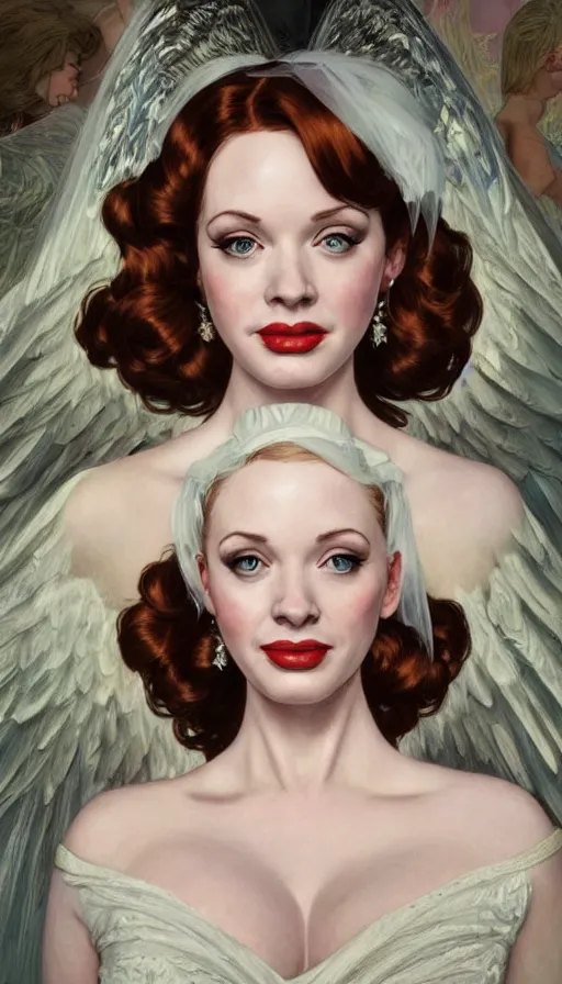 Image similar to Angel, perfectly-centered-painting of young Christina Hendricks in Mad Men in a bride dress, sweaty, dynamic action pose, insane, intricate, highly detailed, digital painting, artstation, concept art, smooth, sharp focus, illustration, Unreal Engine 5, 8K, art by artgerm and greg rutkowski and alphonse mucha