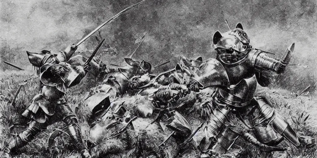 Image similar to anthropomorphic furry wolf in armor fighting in a battlefield, 1900s picture