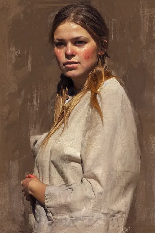 Image similar to Richard Schmid and Jeremy Lipking and Antonio Rotta full length portrait painting of a young beautiful traditonal viking woman