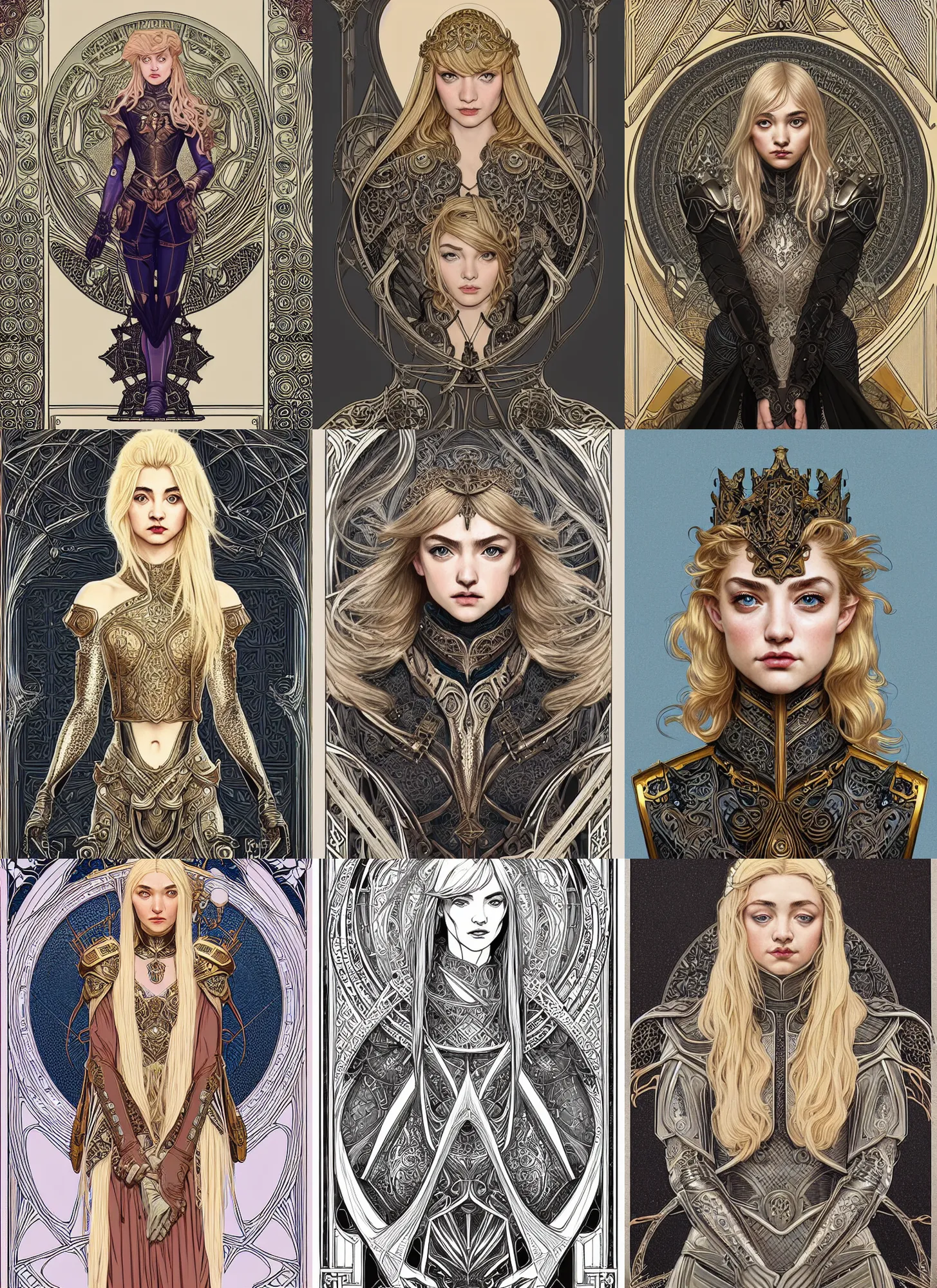 Image similar to symmetrical centered portrait, Imogen Poots as a D&D paladin, blonde hair, intricate metal armour, Art Nouveau, beautiful retro Fantasy heroine 1985, intricate, elegant, highly detailed, centered, digital painting, trending on artstation, concept art, smooth, sharp focus, illustration, art by raphael lacoste, eddie mendoza, Mucha, alex ross, WLOP