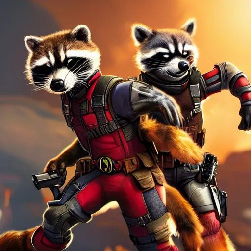 Image similar to rocket raccoon and deadpool together digital art 4 k detailed super realistic