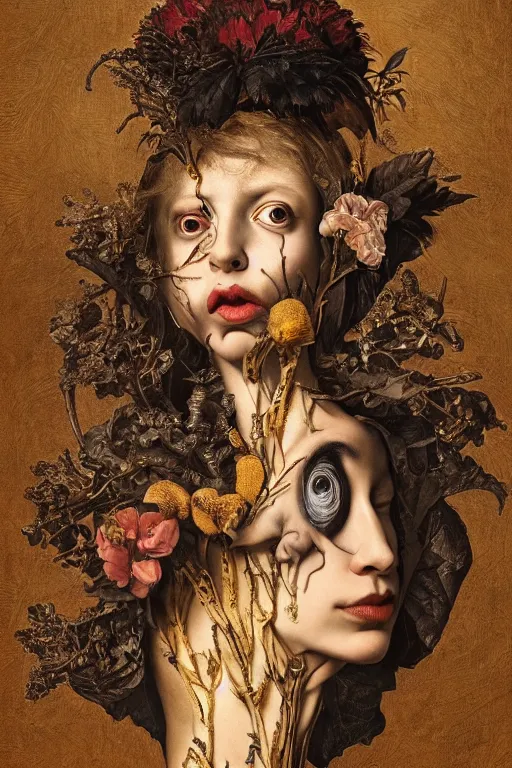 Prompt: Detailed maximalist portrait with large lips and with large wide eyes, surprised expression, surreal extra flesh and bones, HD mixed media, 3D collage, highly detailed and intricate, golden ratio, illustration in the style of Caravaggio, dark art, baroque