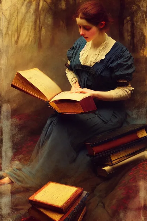 Image similar to soft colorsphotograph imax and solomon joseph solomon and richard schmid and jeremy lipking victorian loose genre loose painting full stack of books, bookish, book lover, bookshop