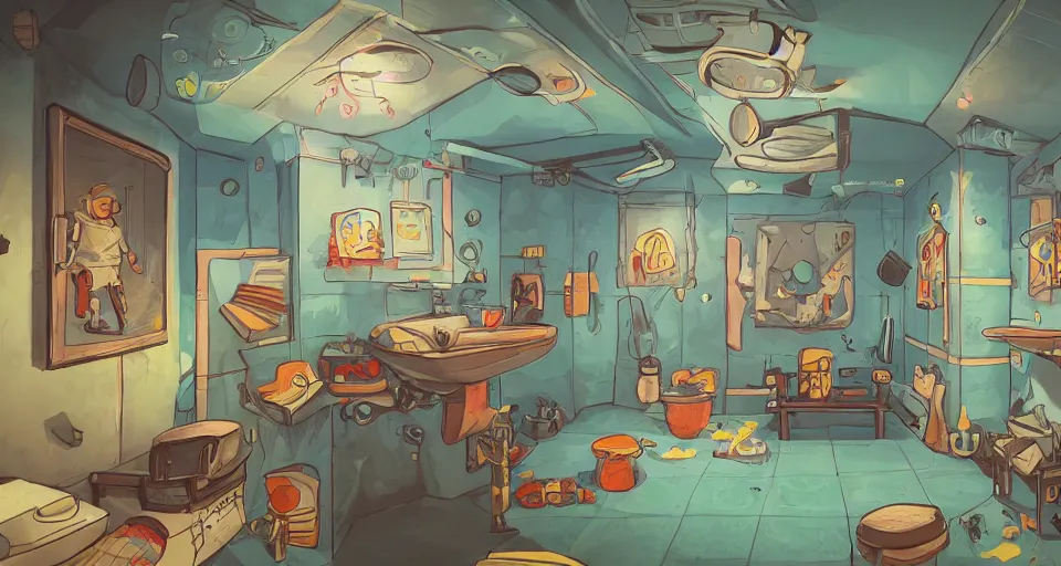 Image similar to A beautiful artwork illustration, a videogame level in a small toilet-themed museum escape room, featured on artstation, wide angle, horizontal orientation