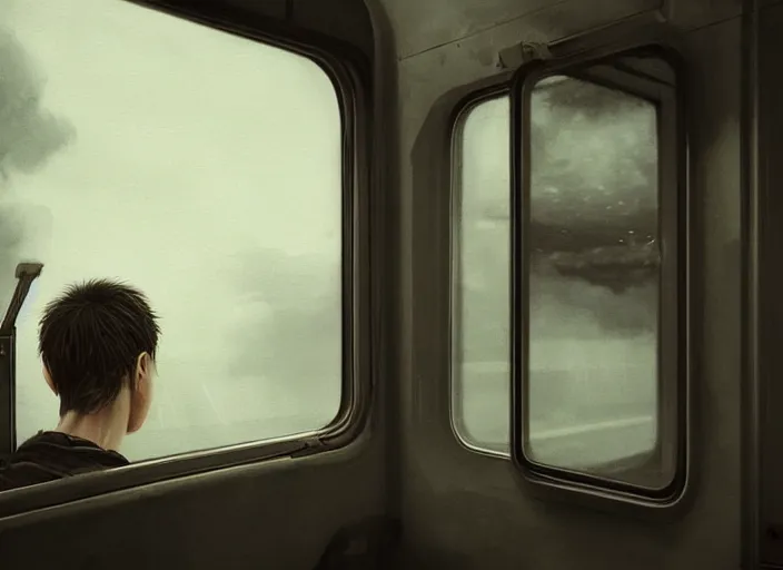 Prompt: man looks out of a train window, dim lighting, lonely, digital art, by wlop, by yoshitaka amano, highly detailed, expressive painting, moody, octane render