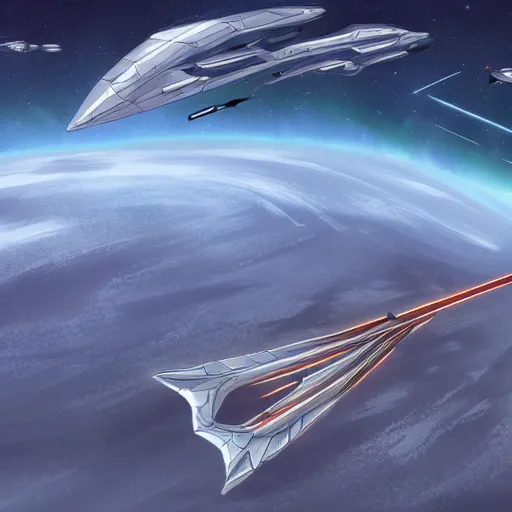 Prompt: starship in the shape of a spear, concept art, scifi, digital ilustration, artstation hq