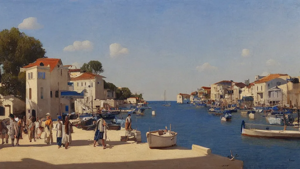 Image similar to a beautiful extremely complex painting of a mediterranean fishing village in summer by peter ilsted, whitewashed housed, tall cypress trees, blue shutters on windows, people walking down a street, fishing boats in the water, beautiful blue water, national gallery of art highlights