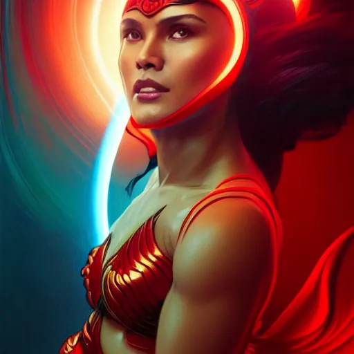 Image similar to iza calzado as darna, volumetric lights, red and cyan theme, art nouveau botanicals, intricate, highly detailed, digital painting, artstation, concept art, smooth, sharp focus, cinematic, illustration, beautiful face, art by artgerm and greg rutkowski and alphonse mucha