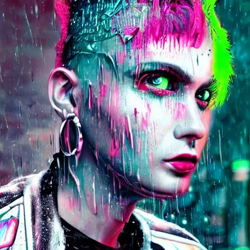 Image similar to splashes of neon, mowhawk, punk portrait made out of paint with rain in the background, trending on artstation, epic composition, emotional, beautiful, rendered in octane, highly detailed, realistic, tim burton comic book art, sharp focus, matte painting, unreal engine