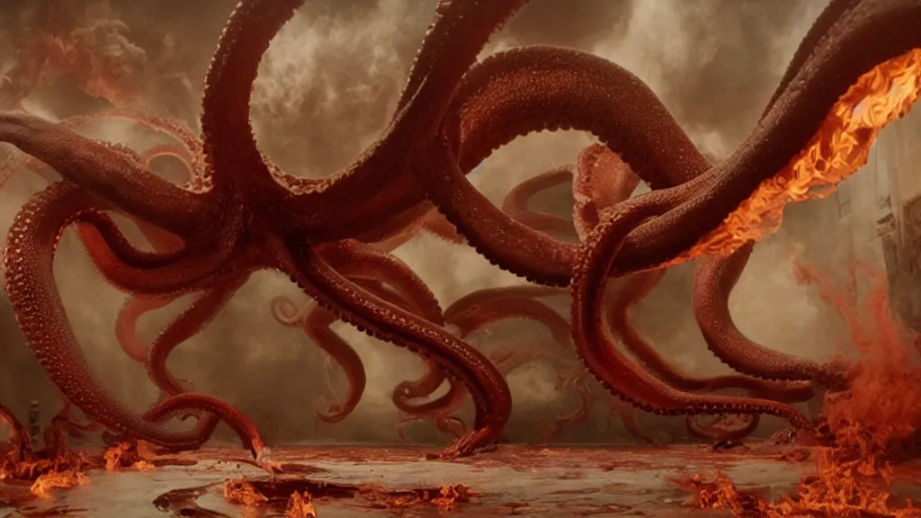 Image similar to a giant octopus made of blood and fire floats through the living room, film still from the movie directed by Denis Villeneuve with art direction by Salvador Dalí, wide lens