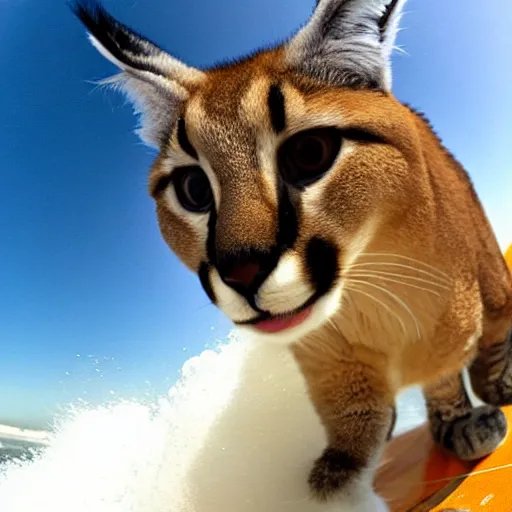 Image similar to gopro photo of a cute fluffy caracal surfing,