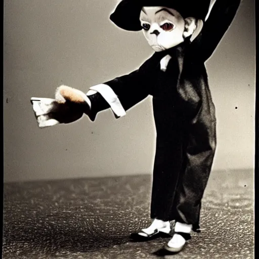 Prompt: charlie mccarthy ventriloquist doll holding a knife and running, ventriloquist dummy, photo, hyperrealistic, creepy, dark, epic, cinematic, style of atget, style of cabinet of dr. caligari, detailed