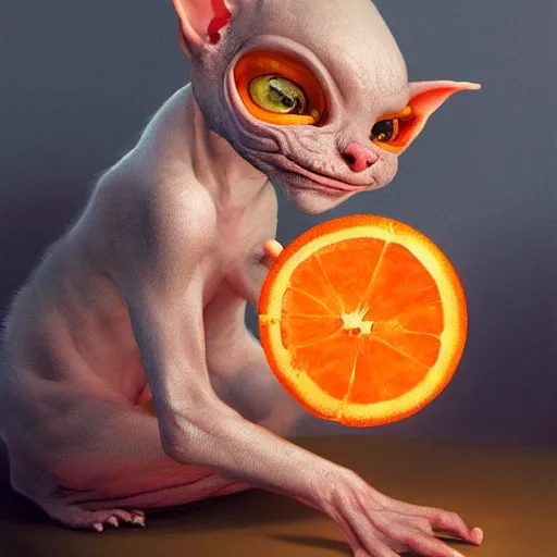 Prompt: An adorable hairless goblin cat stealing an orange, by Stanley Artgerm Lau, WLOP, Rossdraws, James Jean, Andrei Riabovitchev, Marc Simonetti, and Greg Rutkowski, trending on artstation