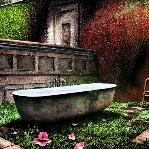 Image similar to hyperrealism photography computer simulation visualisation of parallel universe detailed old rusty bath in the detailed ukrainian village garden in dramatic scene from art house futuristic movie by caravaggio and alejandro jodorowsky and andrei tarkovsky