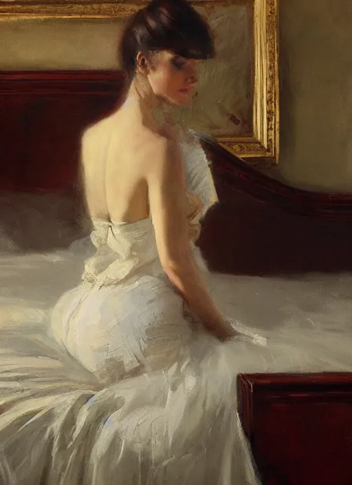 Image similar to beautiful portrait painting of an elegant victorian woman posing in an artistic pose over a bed, by jeremy mann, only one head single portrait