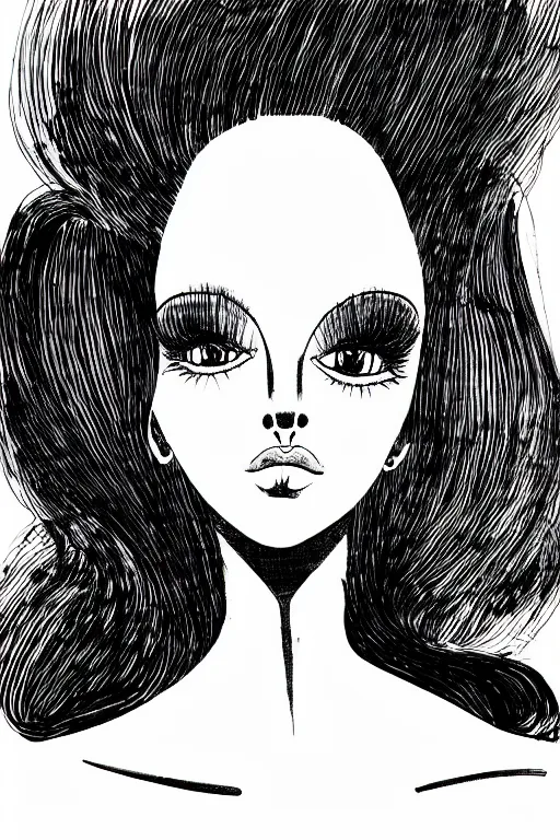 Prompt: ink lineart drawing of a beautiful woman, doll face, big lips, white background, etchings by goya, chinese brush pen, illustration, high contrast, deep black tones contour