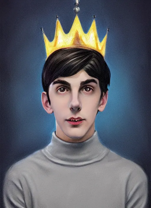 Image similar to portrait of teenage jughead jones wearing a light grey crown, crown, blue turtleneck, 1 9 5 0 s, closed eyes, photorealistic, black hair, glowing lighting, intricate, elegant, glowing lights, highly detailed, digital painting, artstation, concept art, smooth, sharp focus, illustration, art by wlop, mars ravelo and greg rutkowski