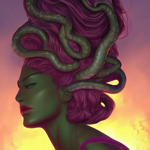 Image similar to medusa painting, comic style, seductive, dynamic lighting, artstation, detailed, blurred background