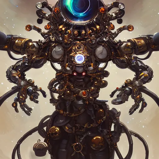 Prompt: Anime robotic god with 6 arms levitating in space, scales and jewelry of gold and silver, intricate, digital painting, highly detailed, concept art, Artstation, Cgsociety, Artgerm, Studio Trigger, Wlop