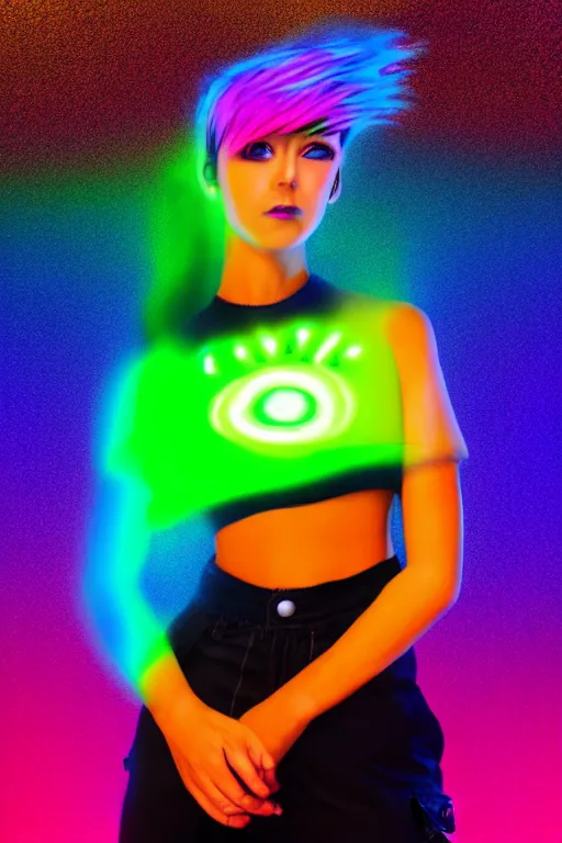 Image similar to a award winning half body portrait photograph of a beautiful woman with stunning eyes in a croptop and cargo pants with rainbow colored hair, routlined by whirling illuminated neon lines, outrun, vaporware