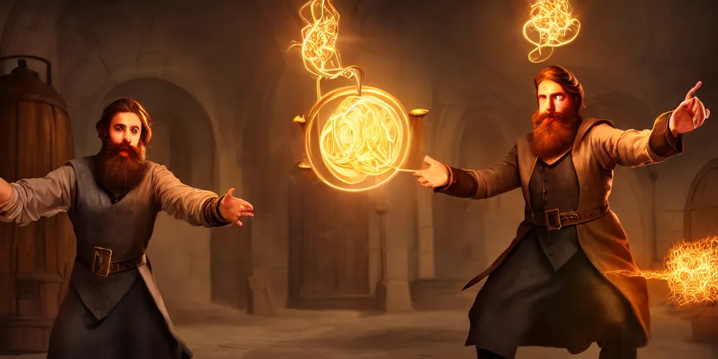 Prompt: a handsome bearded caucasian male sorcerer with brown hair, he is in a alchemist lab, casting a spell on a potion, action pose, digital art, photoreal, 4 k, unreal engine