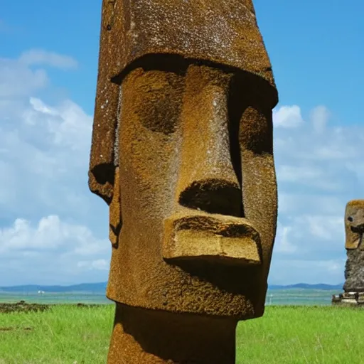 Image similar to anime girl with easter island head as a head