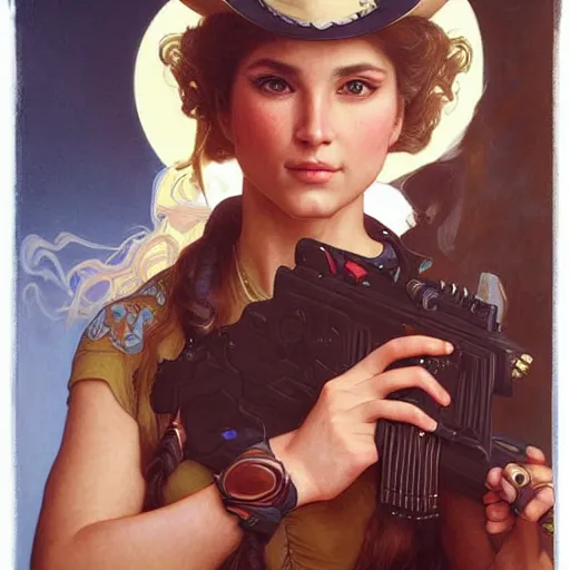 Image similar to a portrait painting of a gunslinger fantasy lady, highly detailed, art by tristan eaton and artgerm and william - adolphe bouguereau