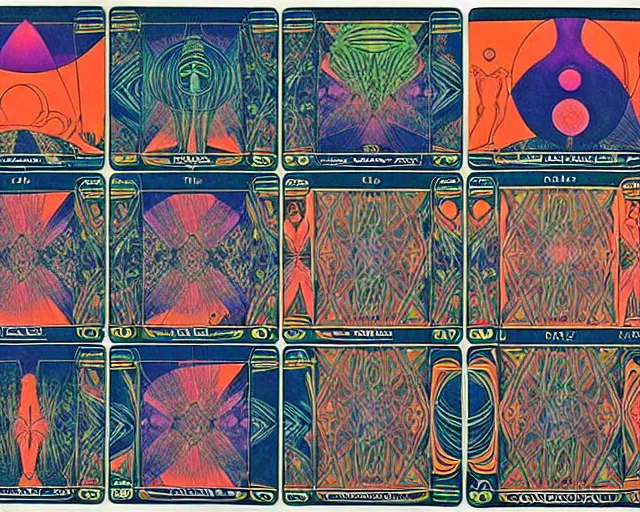 Image similar to 1968 psychedelic, tarot cards, cut out collage, neon Greek, dusk on Jupiter, epic theater, deep jungle texture, aquatic plants, Jugendstil drawings, in part by Alex Grey, part by Moebius, composition William S Boroughs, written by Michael Ende